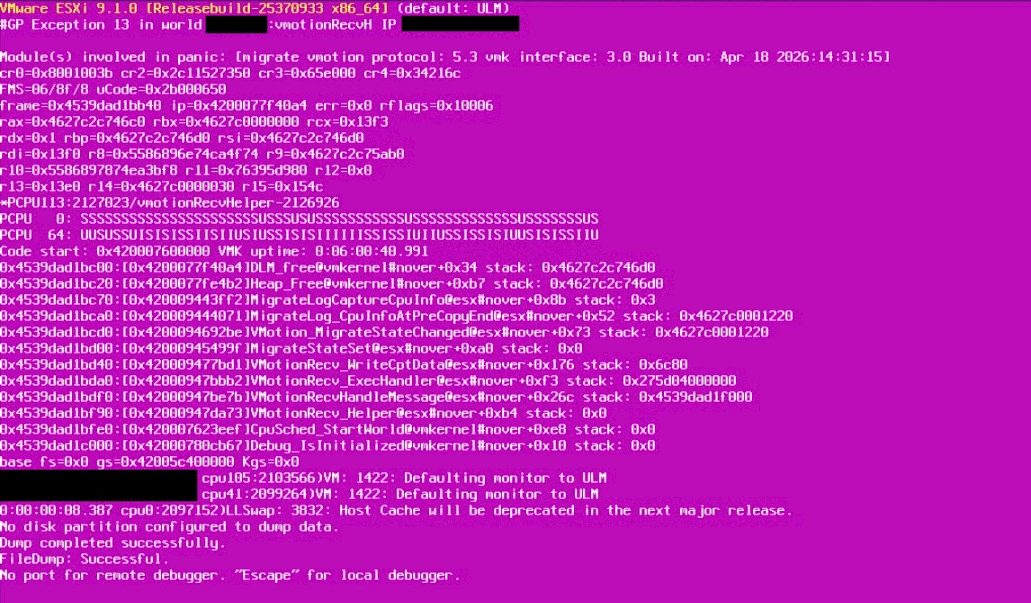 ESX 9.1 PSOD #GP Exception 13 in world vmotionRecvH during vMotion (KB 455306)